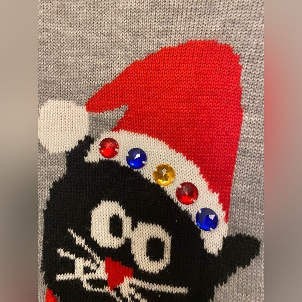 Ugly cute Christmas Holiday Sweater kitty cat black bell grey crewneck S/M - Picture 6 of 7